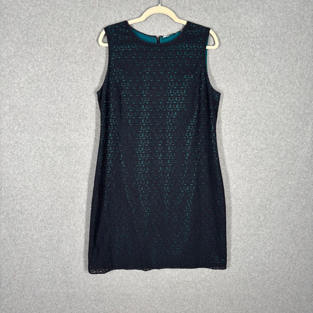 Tahari Lace Overlay Dress 14 Navy Turquoise Sheer Mod Career Church 50s Preppy